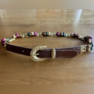 Women’s Brown Leather Belt with Gold Buckle and Wooden Bead Accents